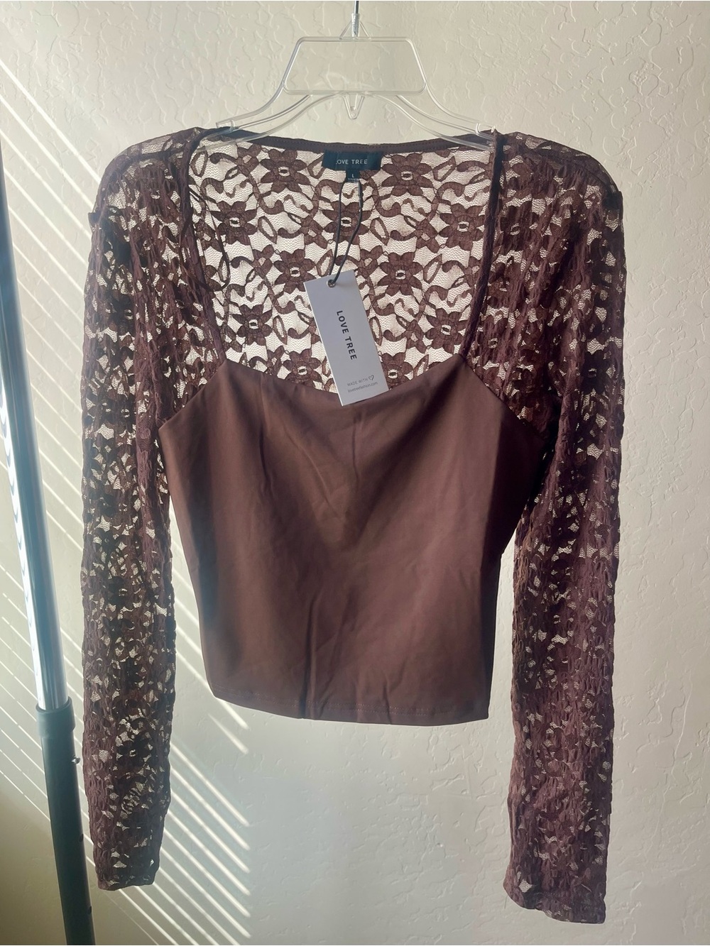 Love Tree Brown Lace Sleeve Cropped Blouse